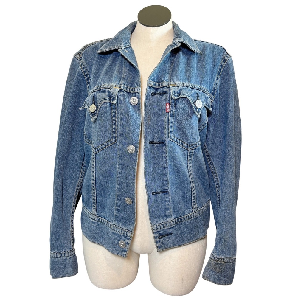 Levis Type 1 Iconic‎ Jacket Womens Medium Blue Denim Trucker Button Front Coat